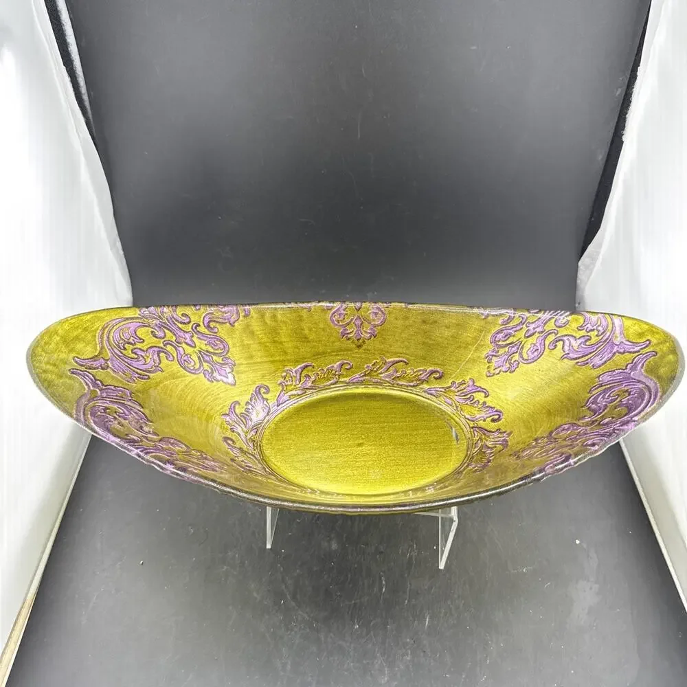 Arda Glassware Vanessa Oval Bowl Purple Gold Damask Embossed Art Glass Turkey